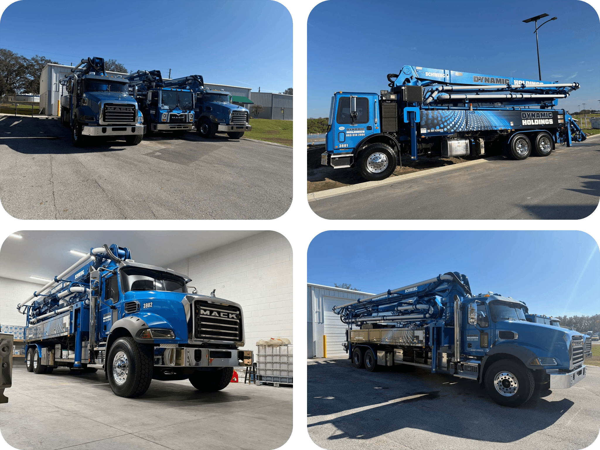 Photos of our Dynamic Holdings of Polk County fleet of Mack trucks equipped with Schwing for pumping concrete